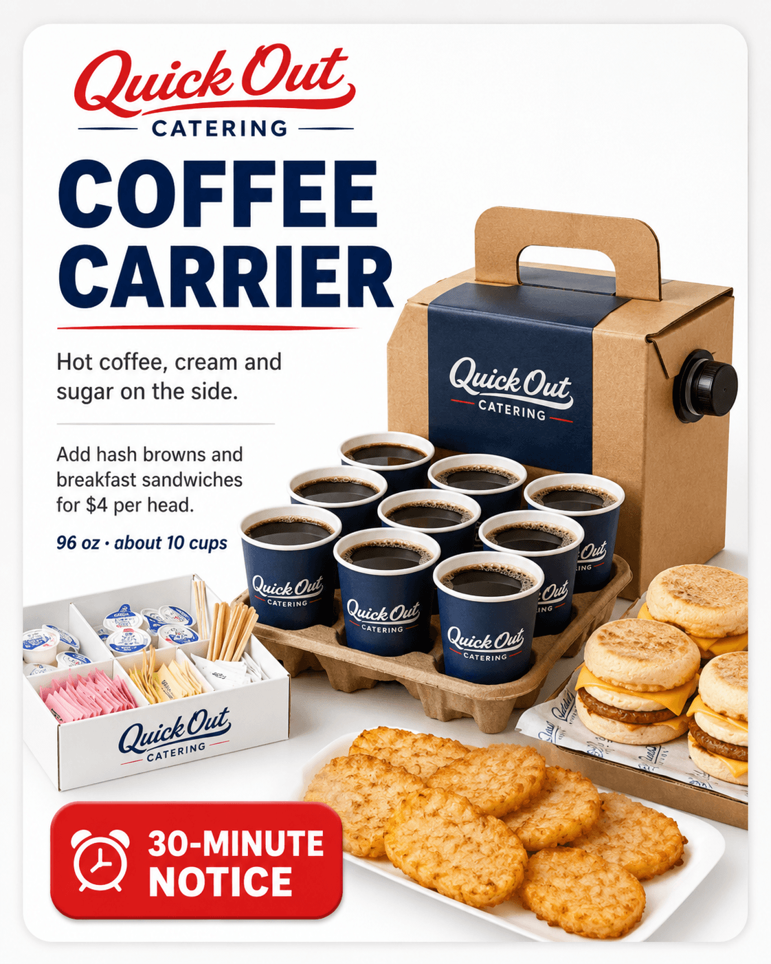 Quick Out Coffee Carrier with 96 oz of hot coffee