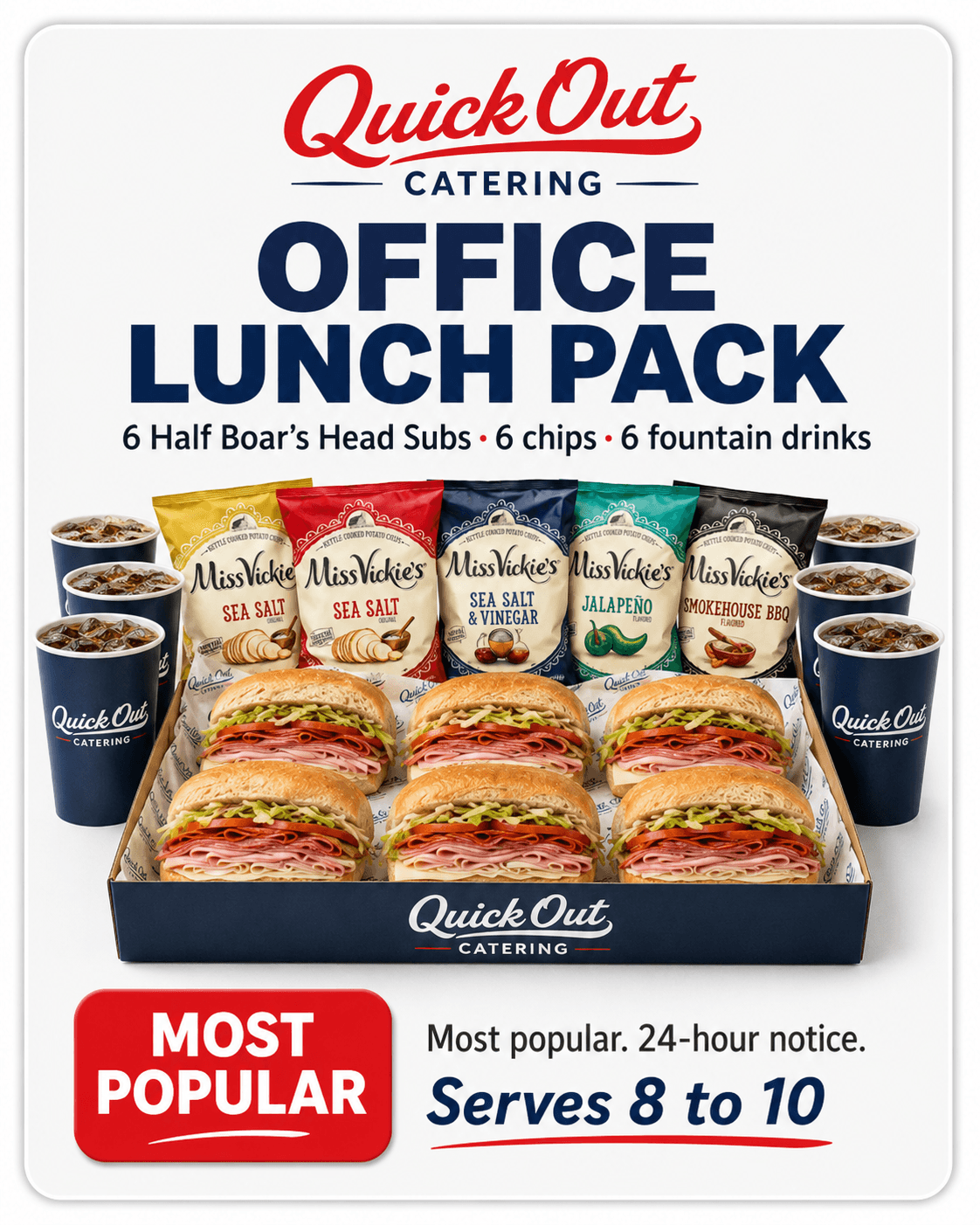 Quick Out Office Lunch Pack with 6 subs, chips, and drinks