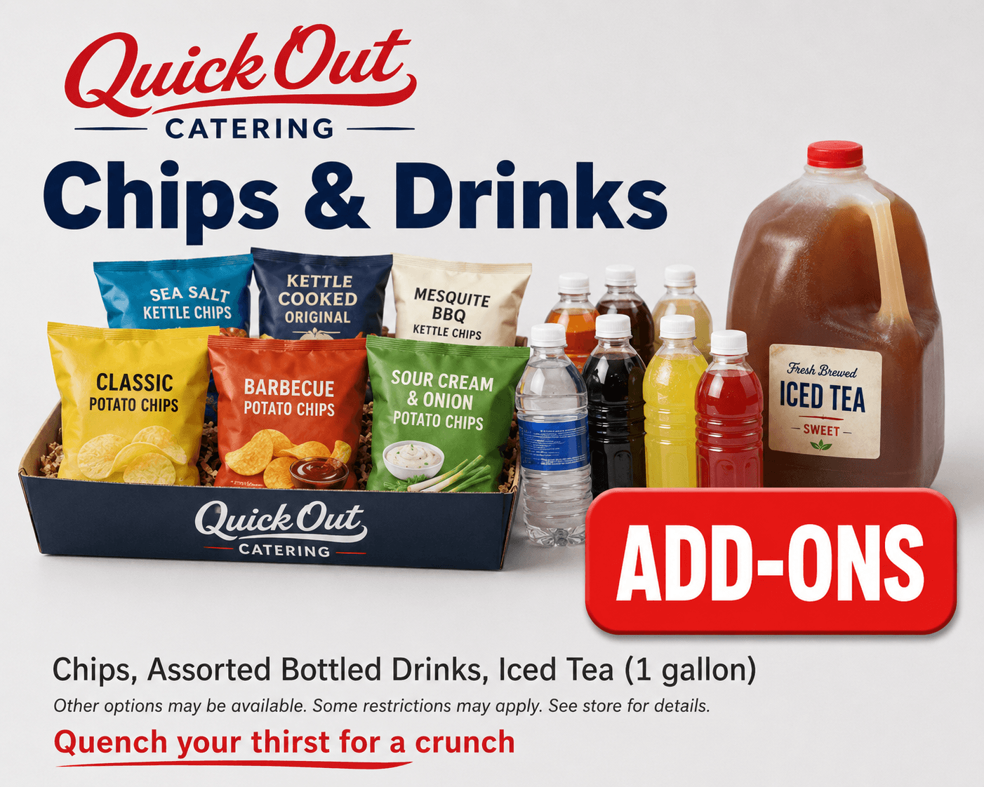 Assorted chips and drinks add-on tray for catering