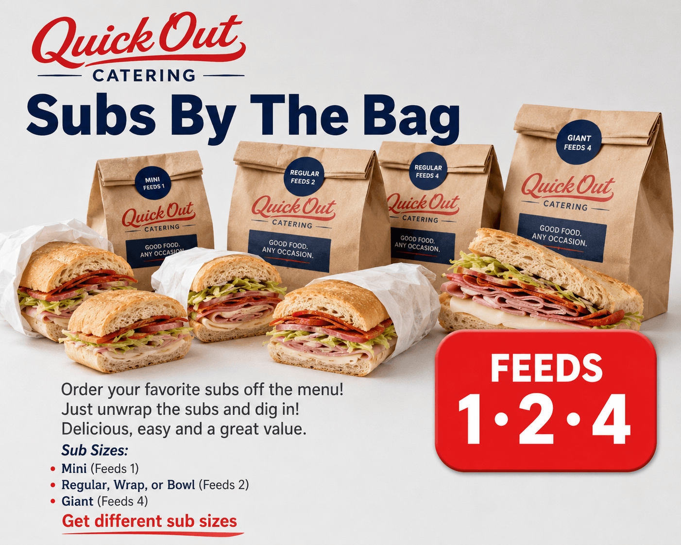 Three paper bags of Quick Out subs in Mini, Regular, and Giant sizes